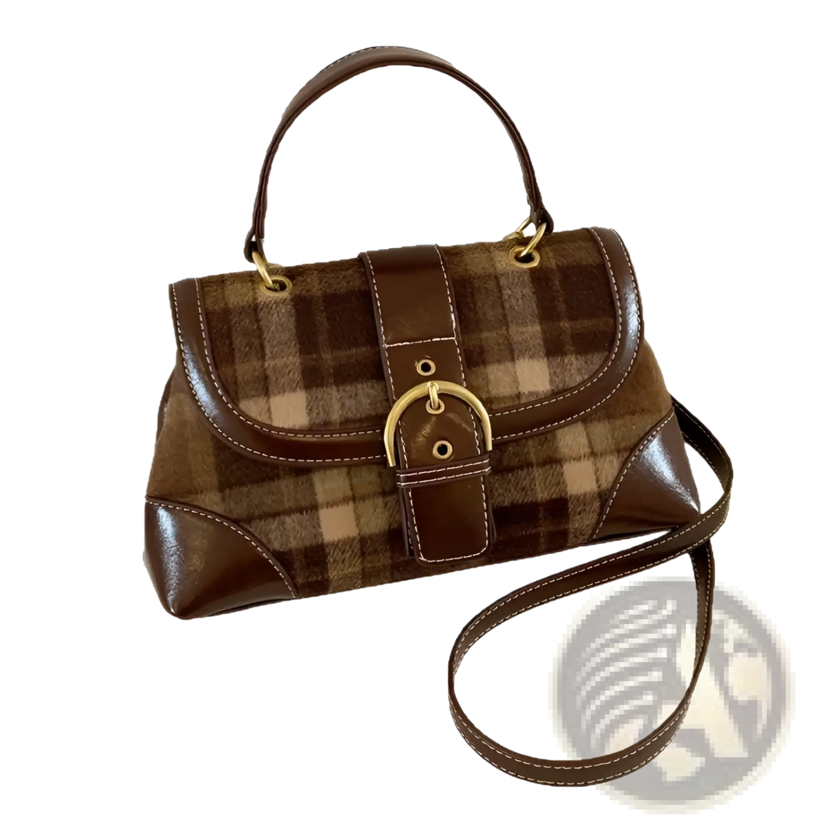 Vintage Plaid Crossbody Bag with Leather Trim