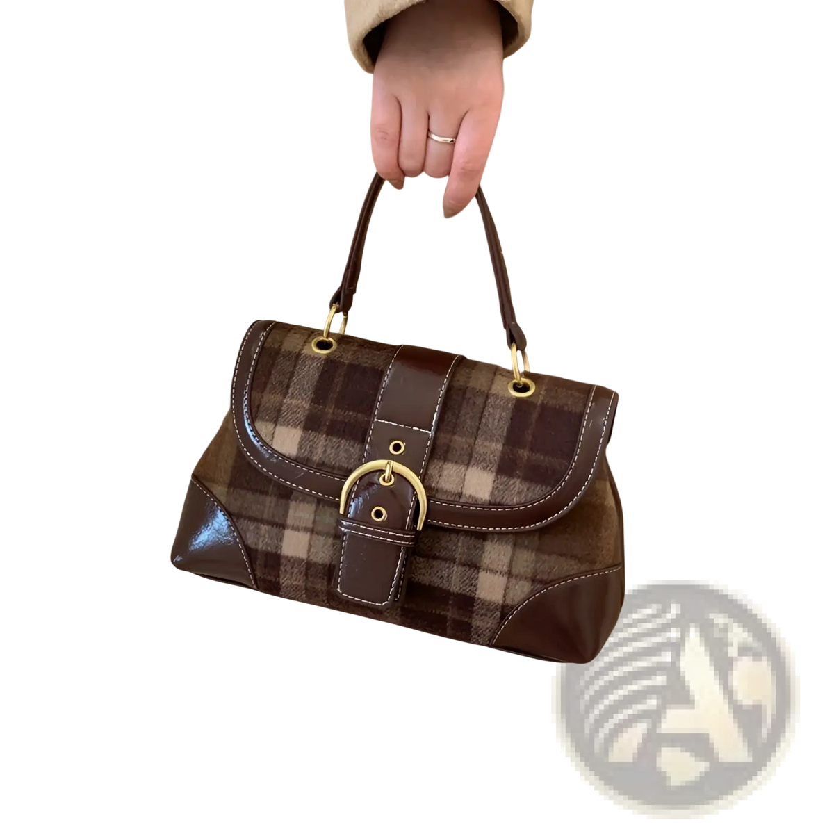 Vintage Plaid Crossbody Bag with Leather Trim