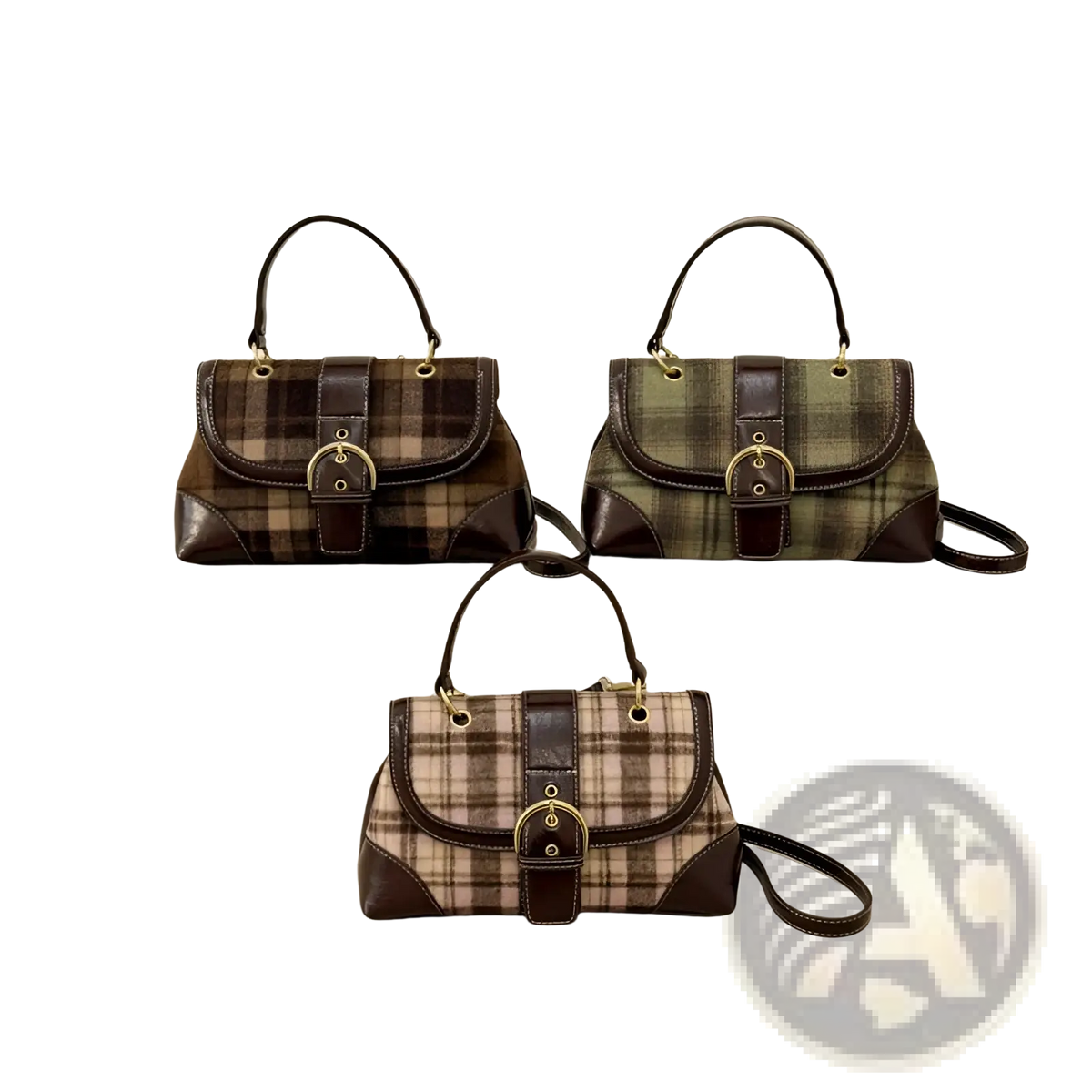 Vintage Plaid Crossbody Bag with Leather Trim