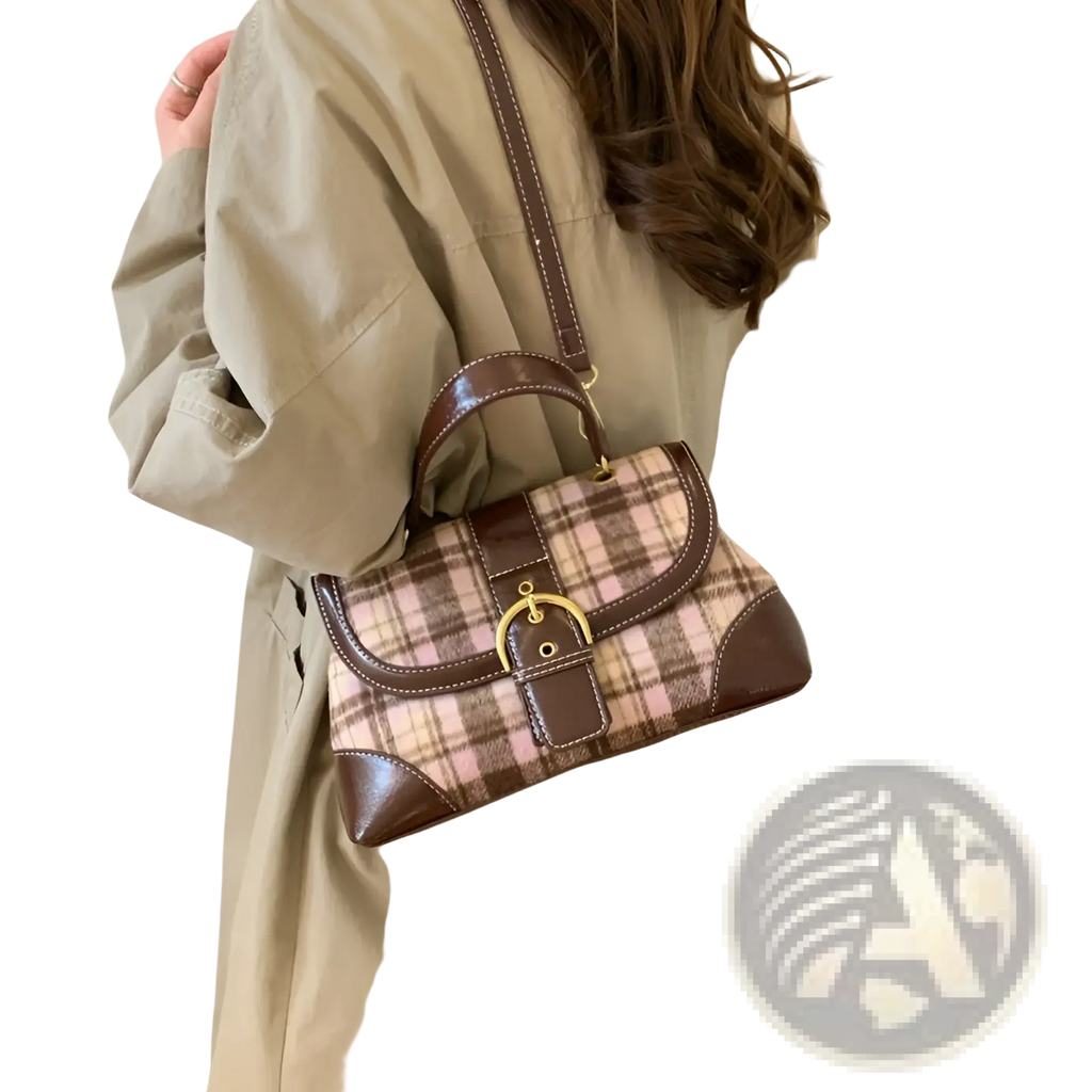 Vintage Plaid Crossbody Bag with Leather Trim