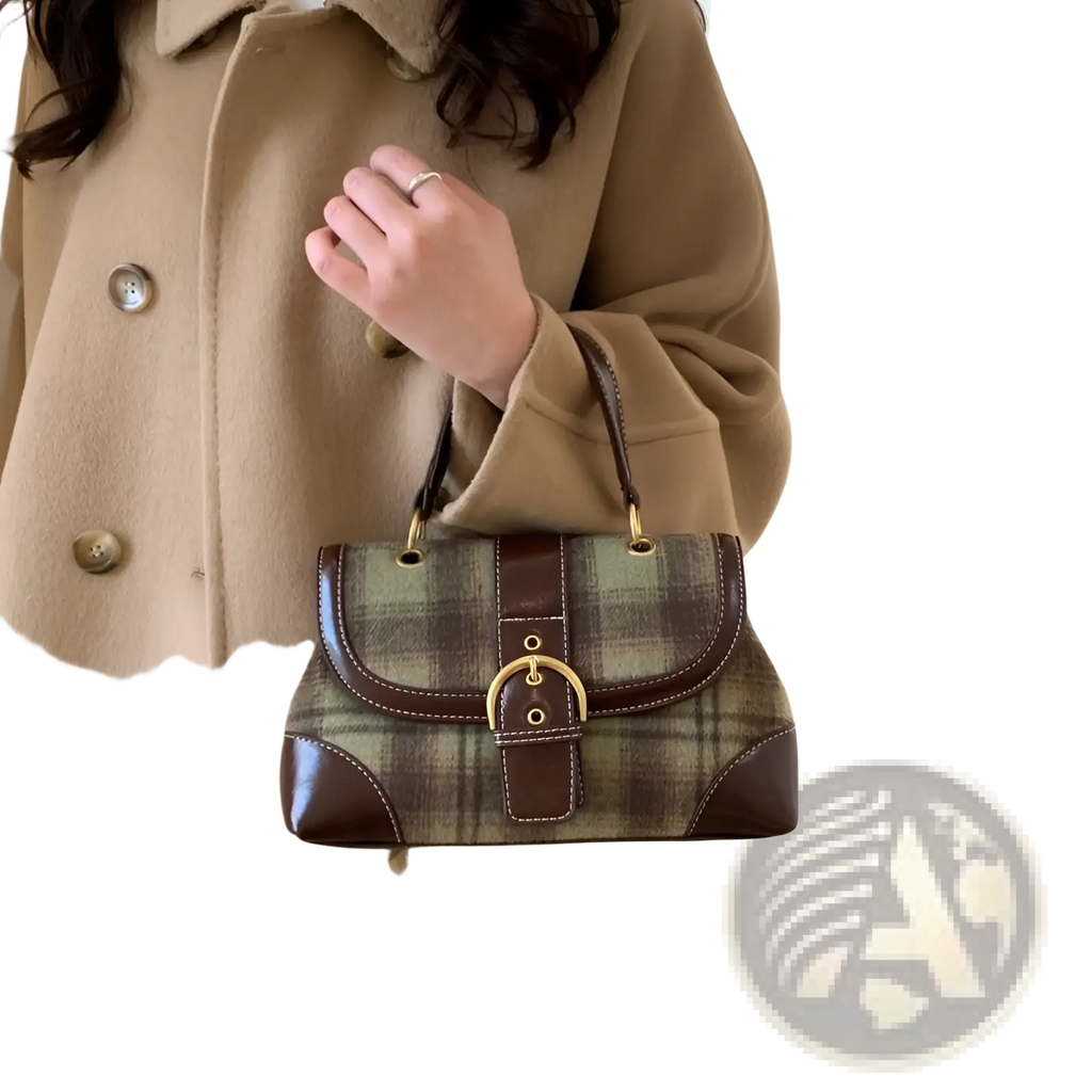 Vintage Plaid Crossbody Bag with Leather Trim