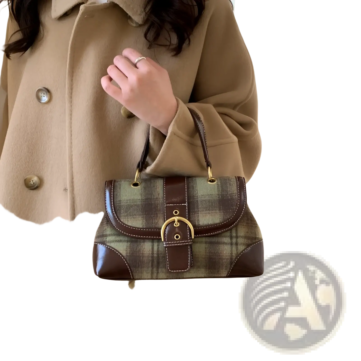 Vintage Plaid Crossbody Bag with Leather Trim