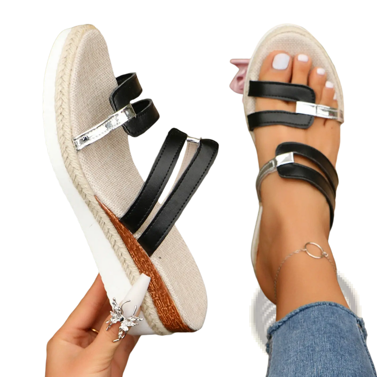 Wedge Sandals with Espadrille Heel and Metal Accents