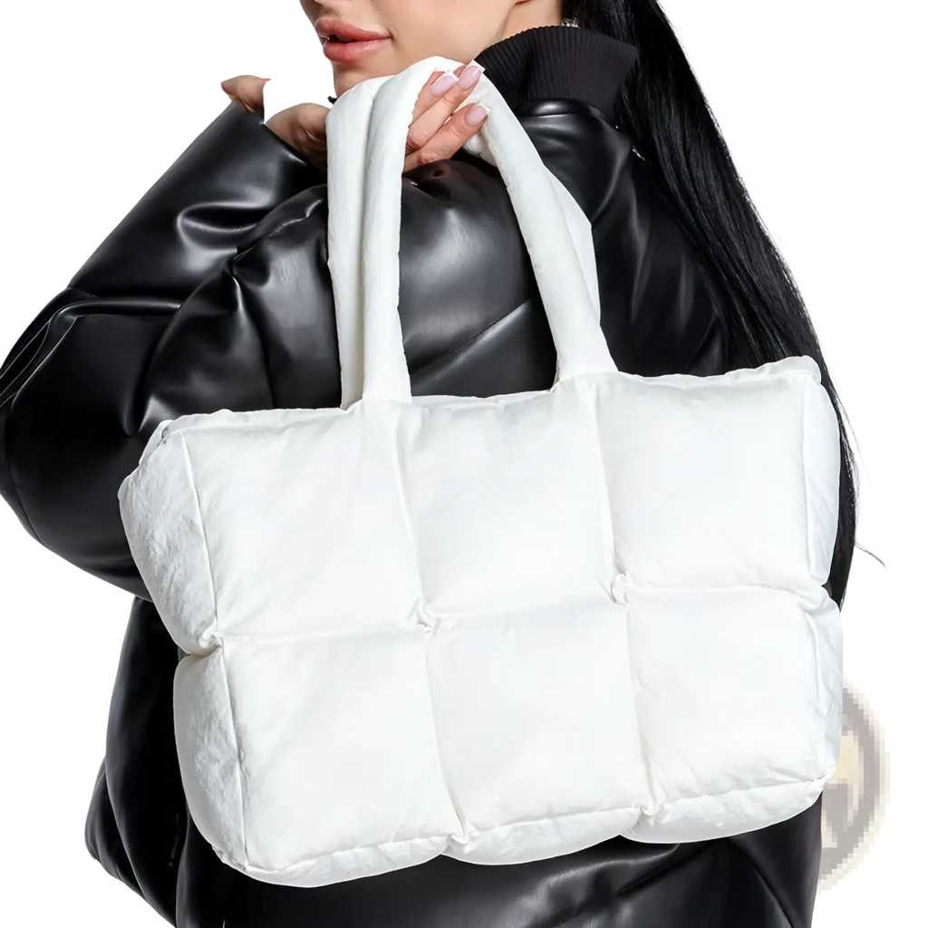 White Quilted Puffer Tote Bag Soft Cotton Handbag
