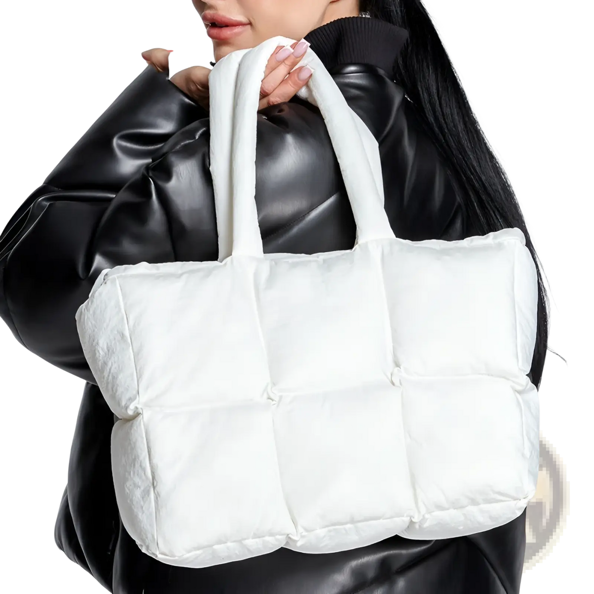White Quilted Puffer Tote Bag Soft Cotton Handbag