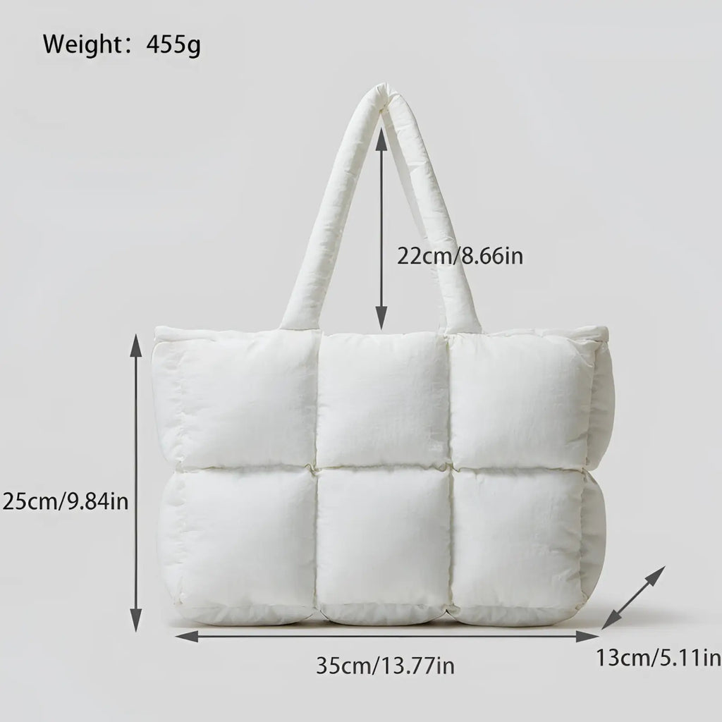 White Quilted Puffer Tote Bag Soft Cotton Handbag