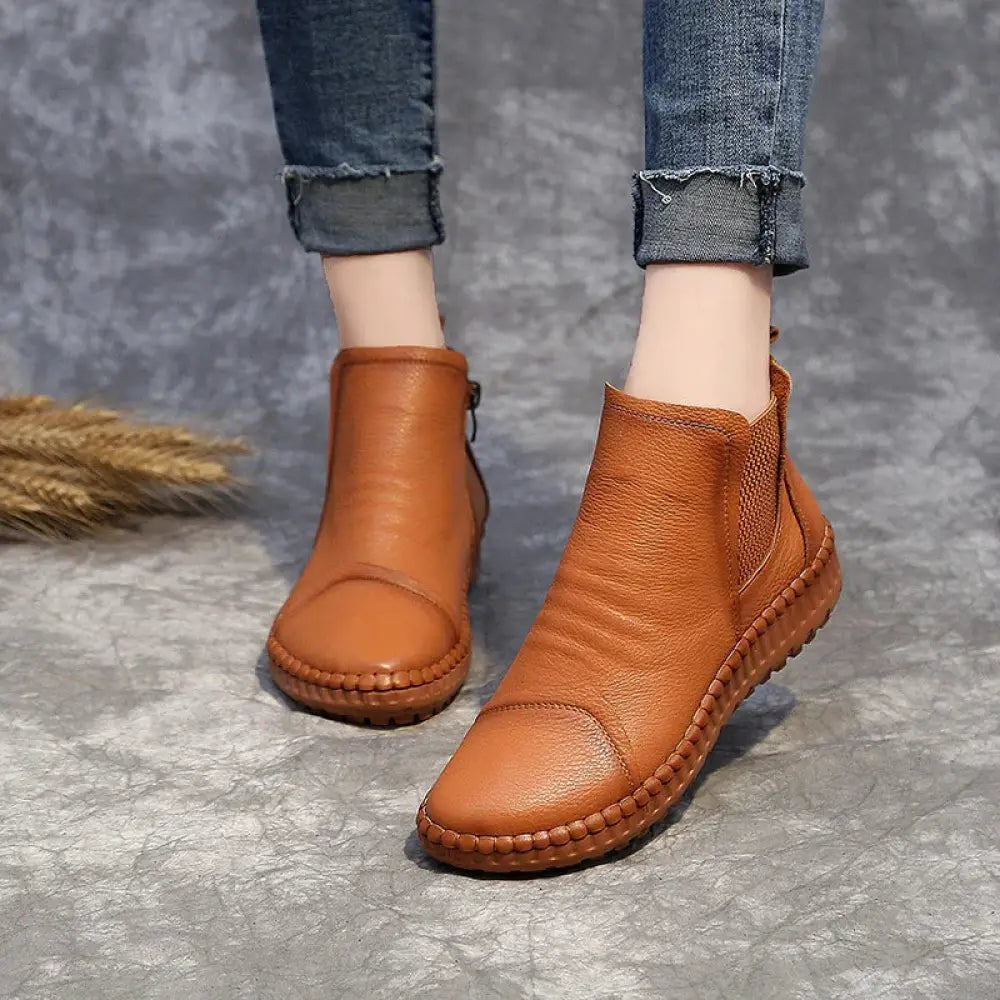 Women's Tan Leather Velvet Lined Winter Chelsea Boots