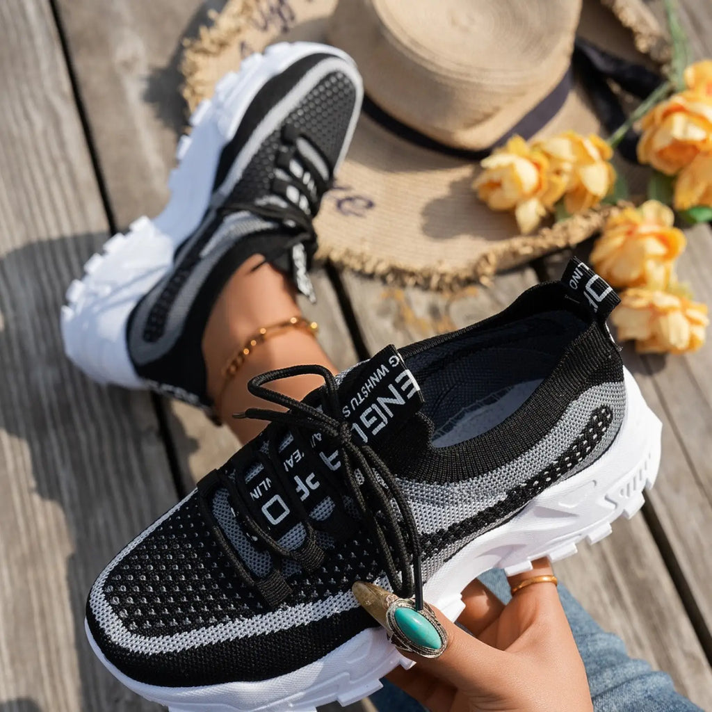 Women's Breathable Flyknit Mesh Lace-up Walking Sneakers