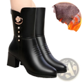 Women's Leather Martin Boots with Floral Brooch