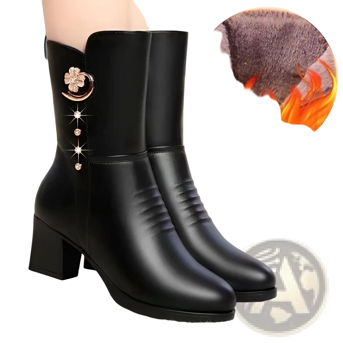 Women's Leather Martin Boots with Floral Brooch