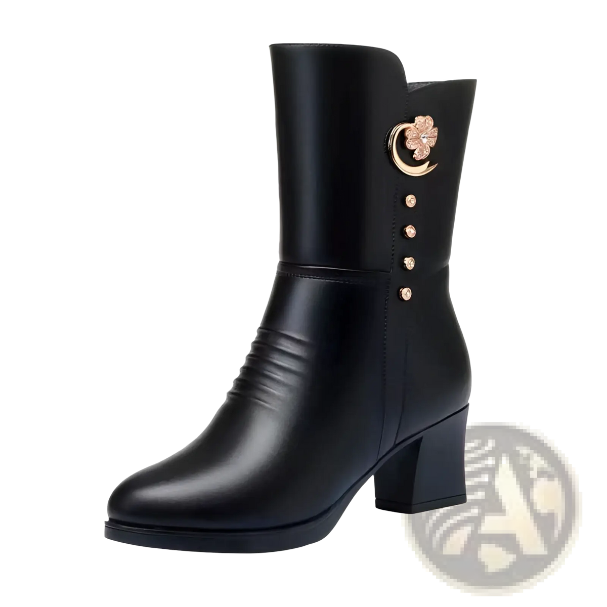 Women's Leather Martin Boots with Floral Brooch