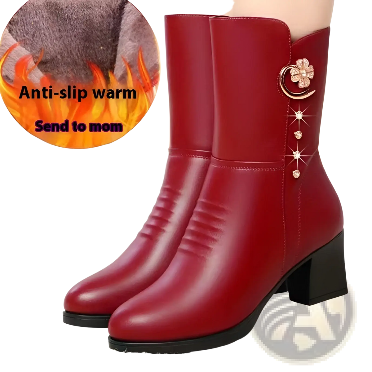 Women's Leather Martin Boots with Floral Brooch