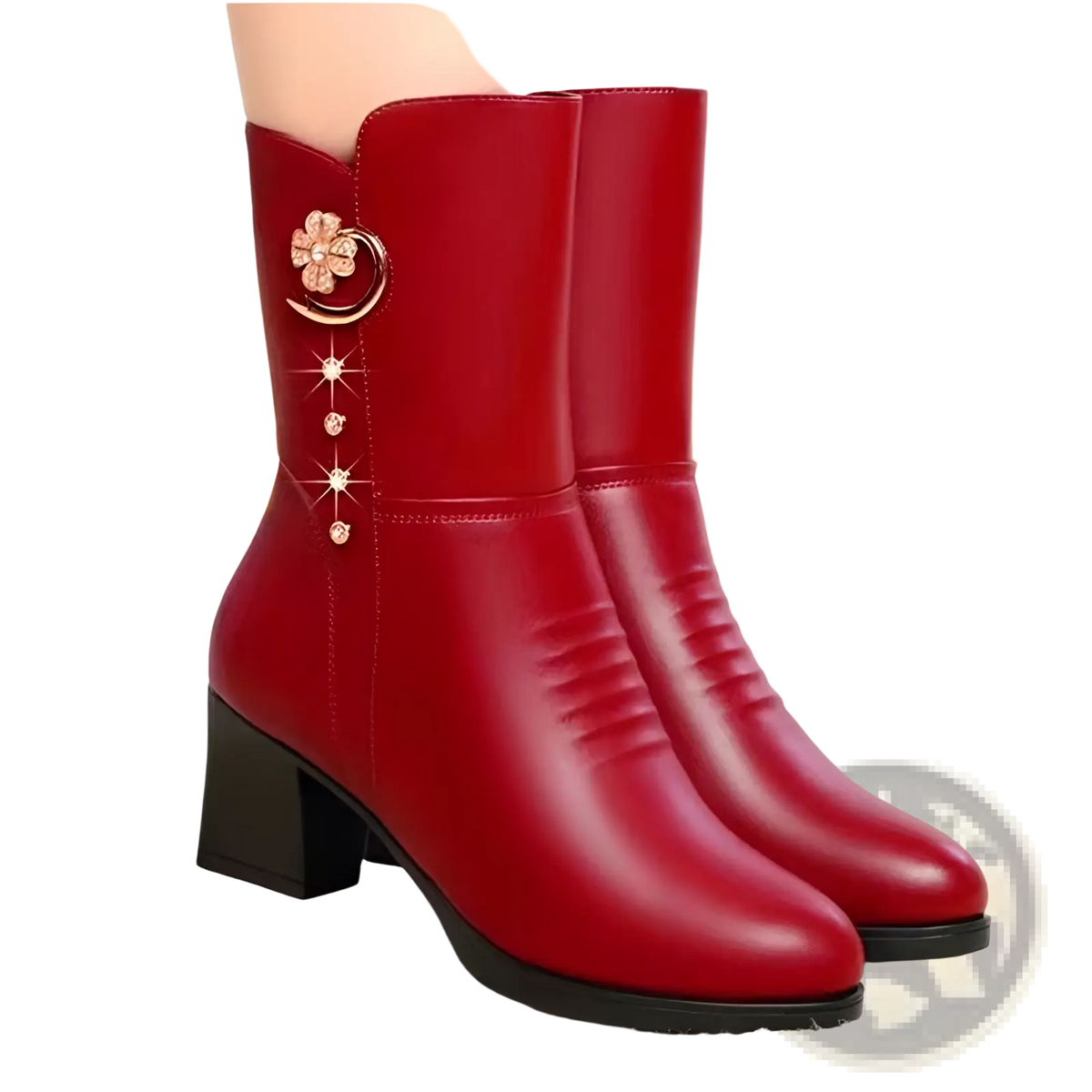 Women's Leather Martin Boots with Floral Brooch