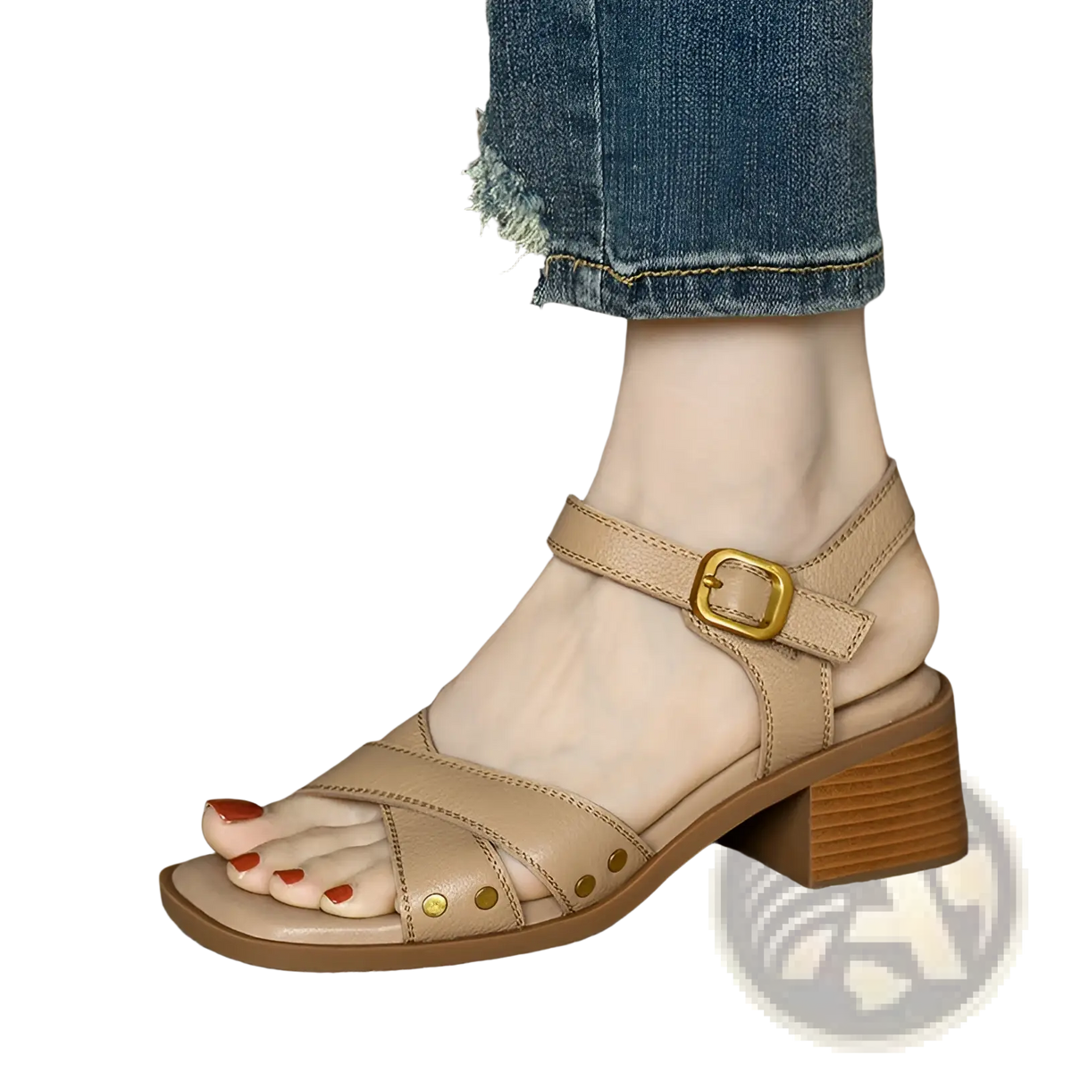 Women's Retro French Leather Mid Heel Sandals