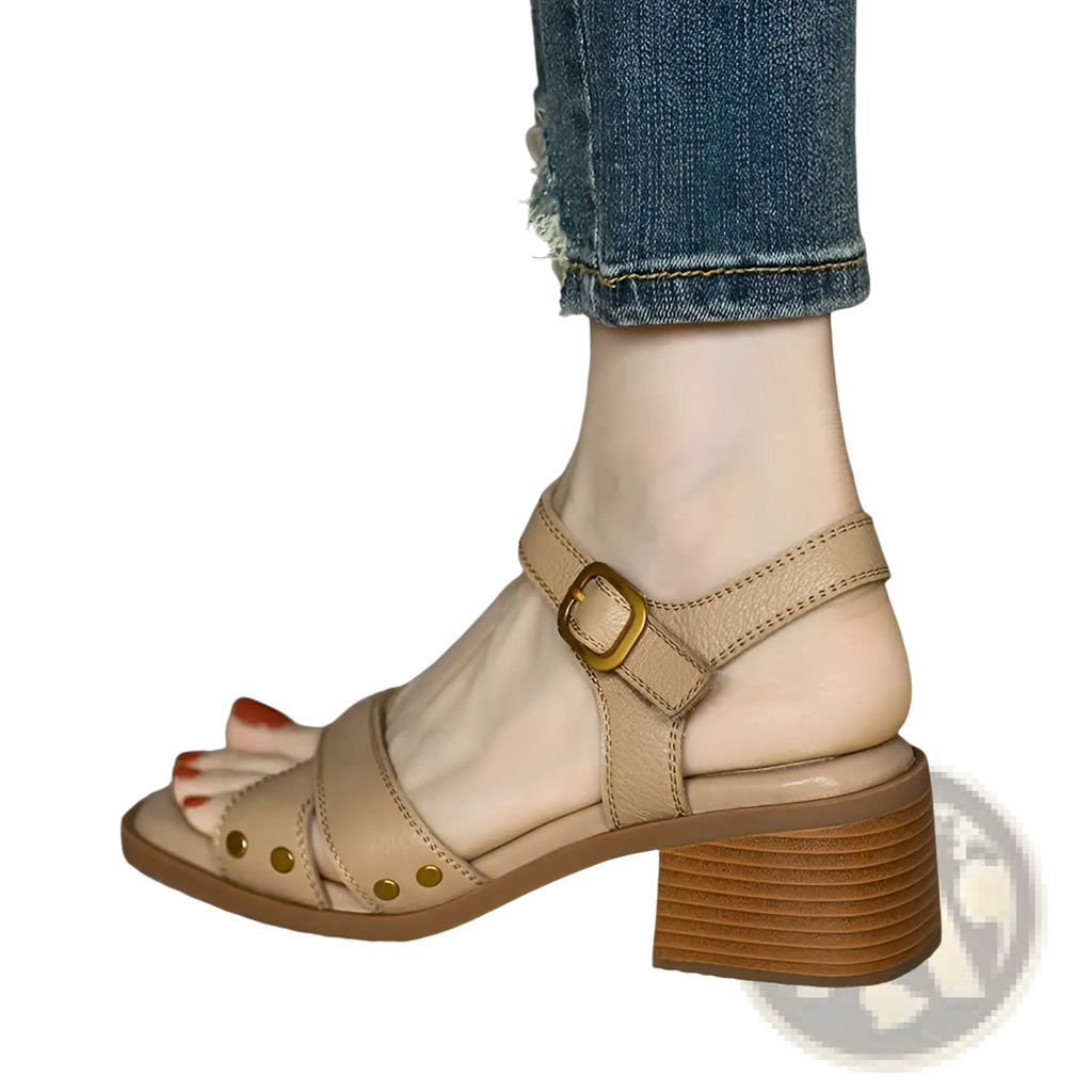 Women's Retro French Leather Mid Heel Sandals