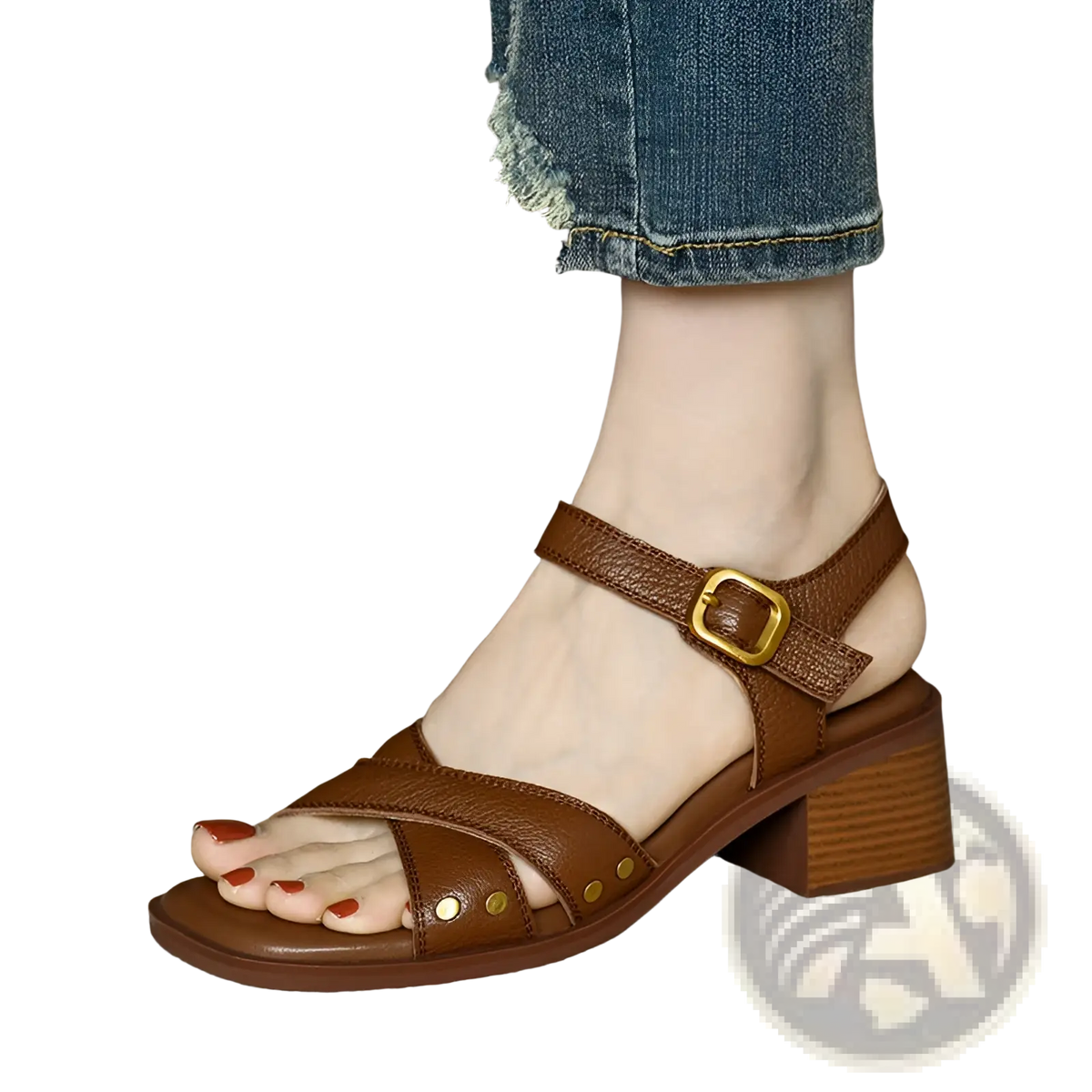 Women's Retro French Leather Mid Heel Sandals