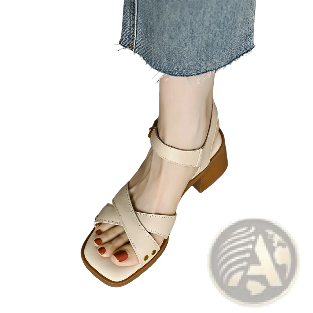 Women's Retro French Leather Mid Heel Sandals