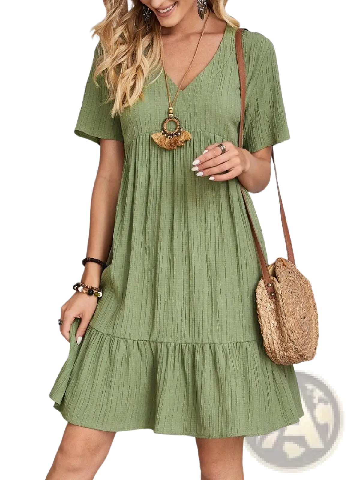 Women's V-neck Tiered Pleated Summer Dress