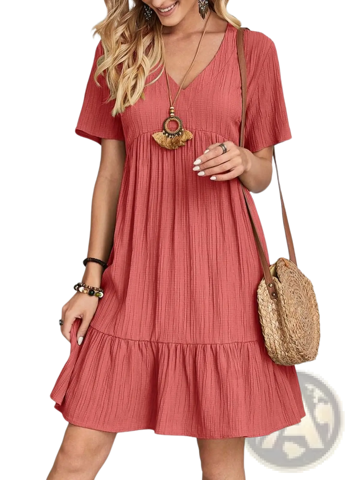 Women's V-neck Tiered Pleated Summer Dress