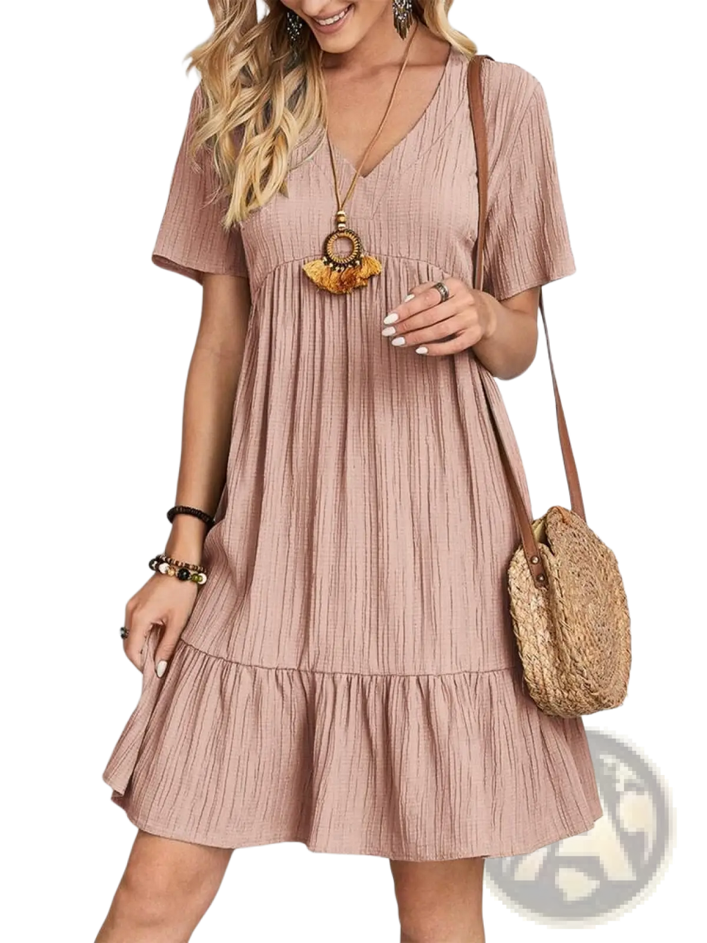 Women's V-neck Tiered Pleated Summer Dress
