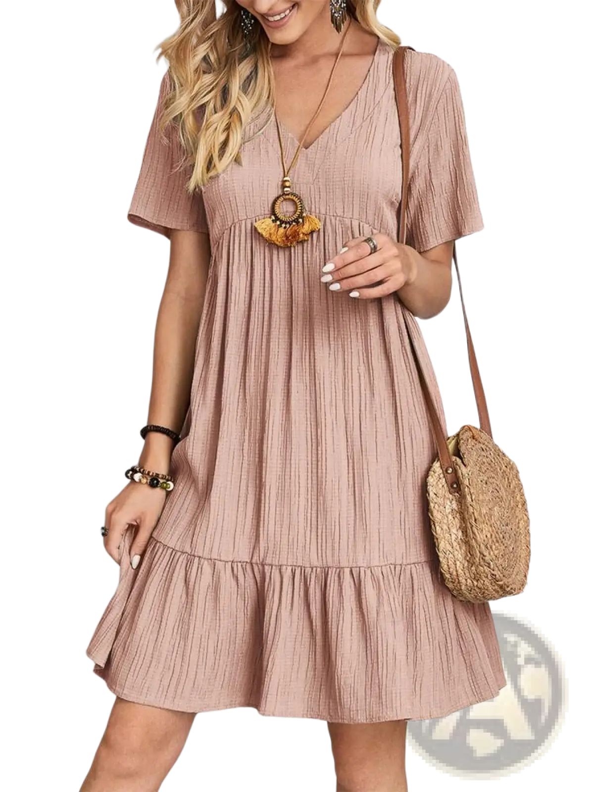 Women's V-neck Tiered Pleated Summer Dress