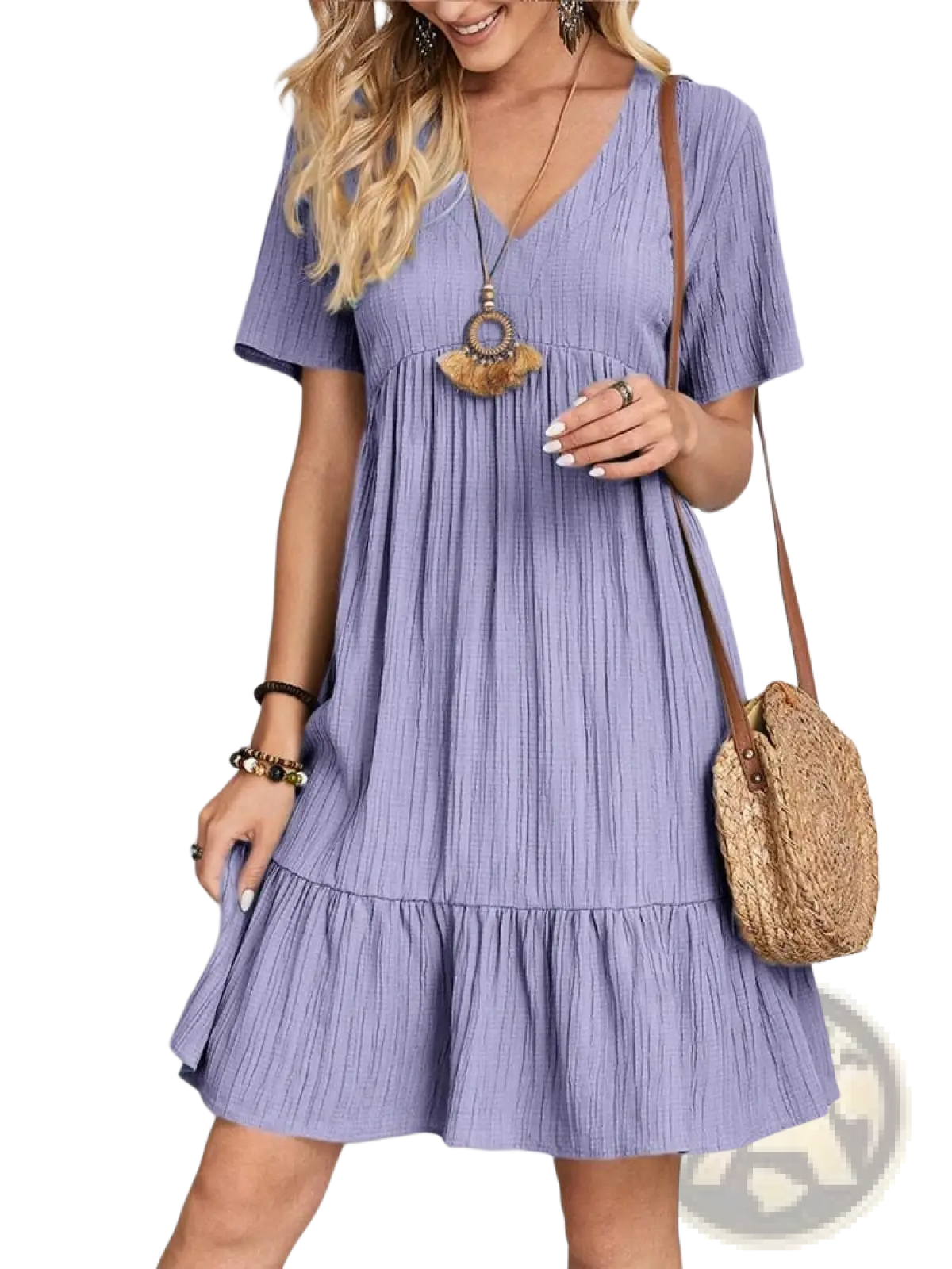 Women's V-neck Tiered Pleated Summer Dress