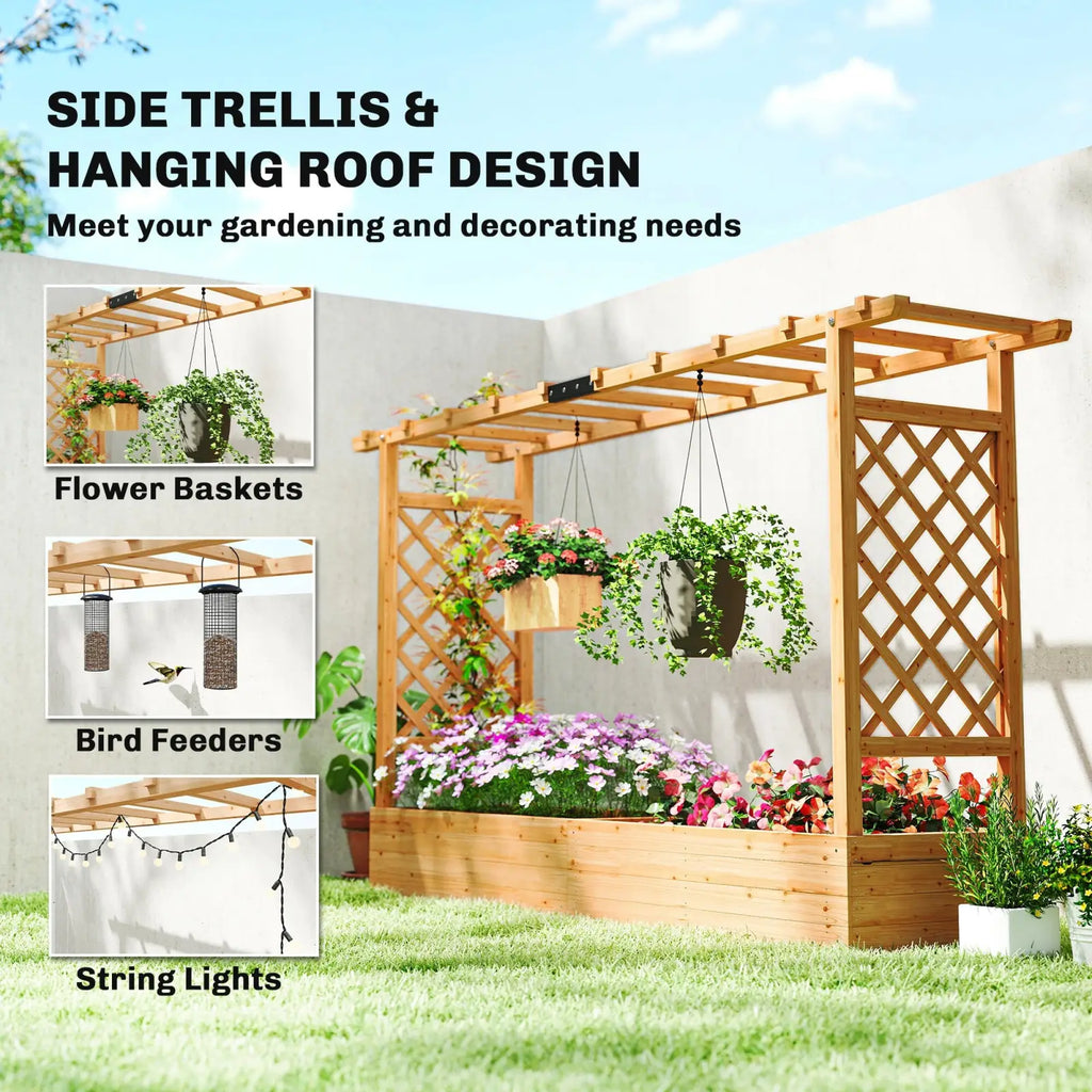 Wooden Planter Box with Trellis and Hanging Roof