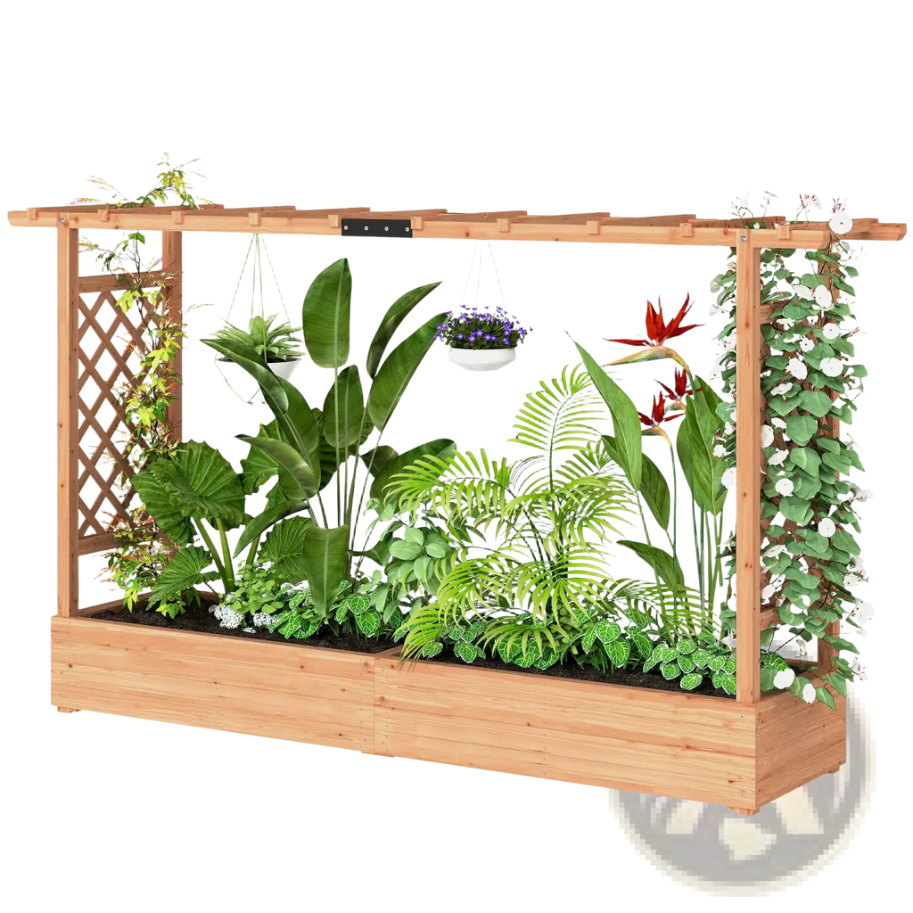 Wooden Planter Box with Trellis and Hanging Roof