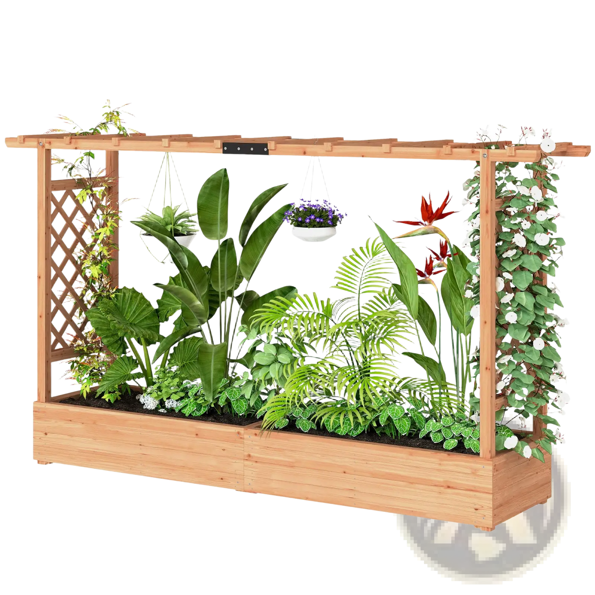 Wooden Planter Box with Trellis and Hanging Roof