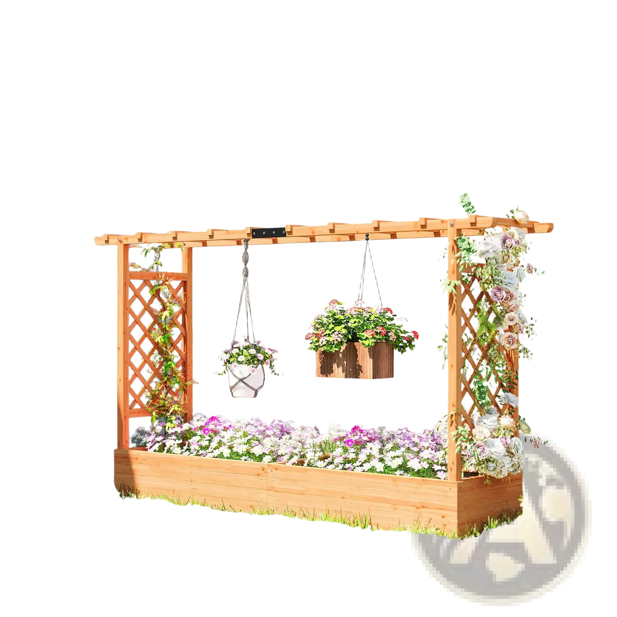 Wooden Planter Box with Trellis and Hanging Roof