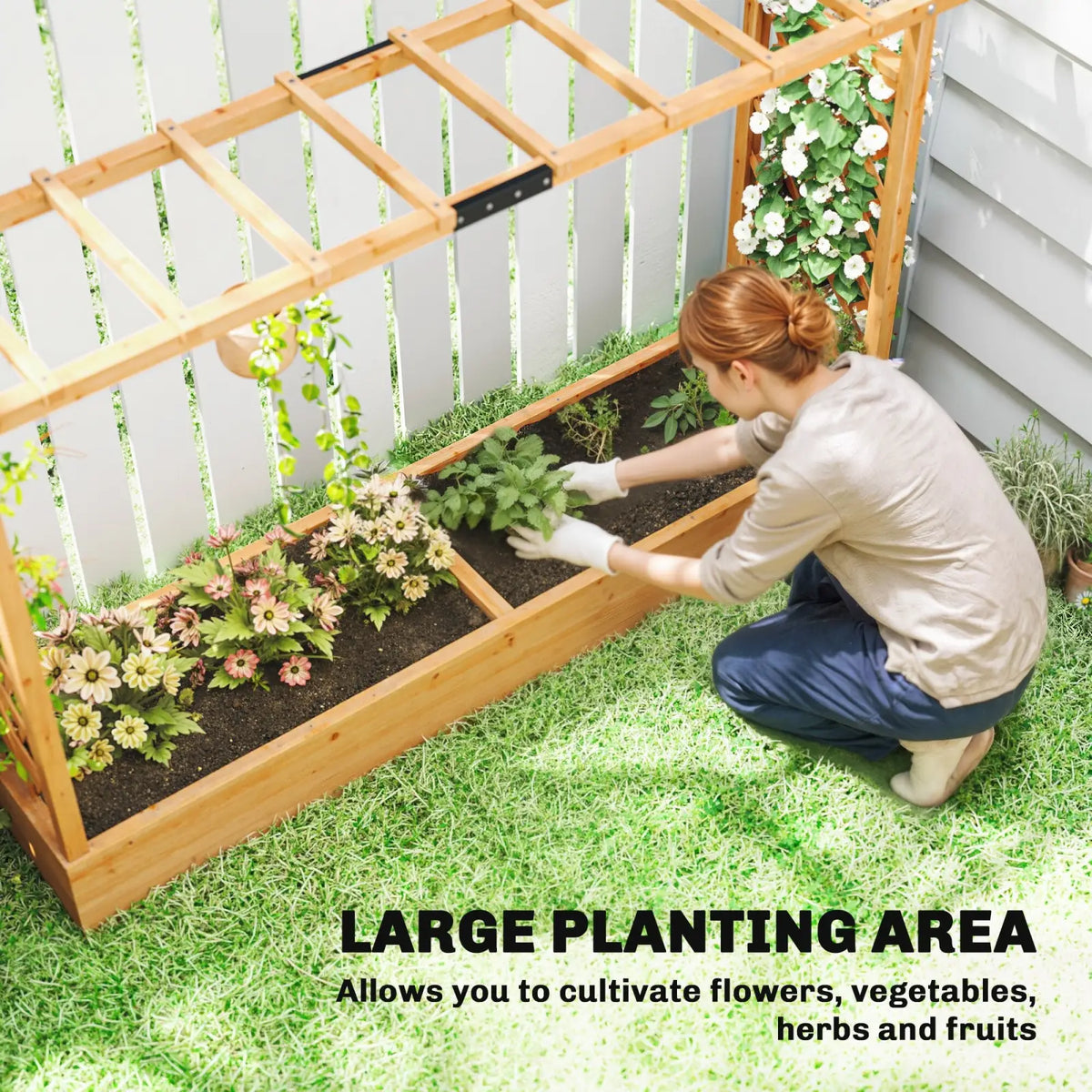 Wooden Planter Box with Trellis and Hanging Roof