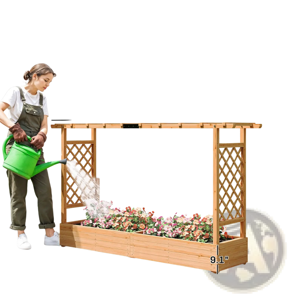 Wooden Planter Box with Trellis and Hanging Roof