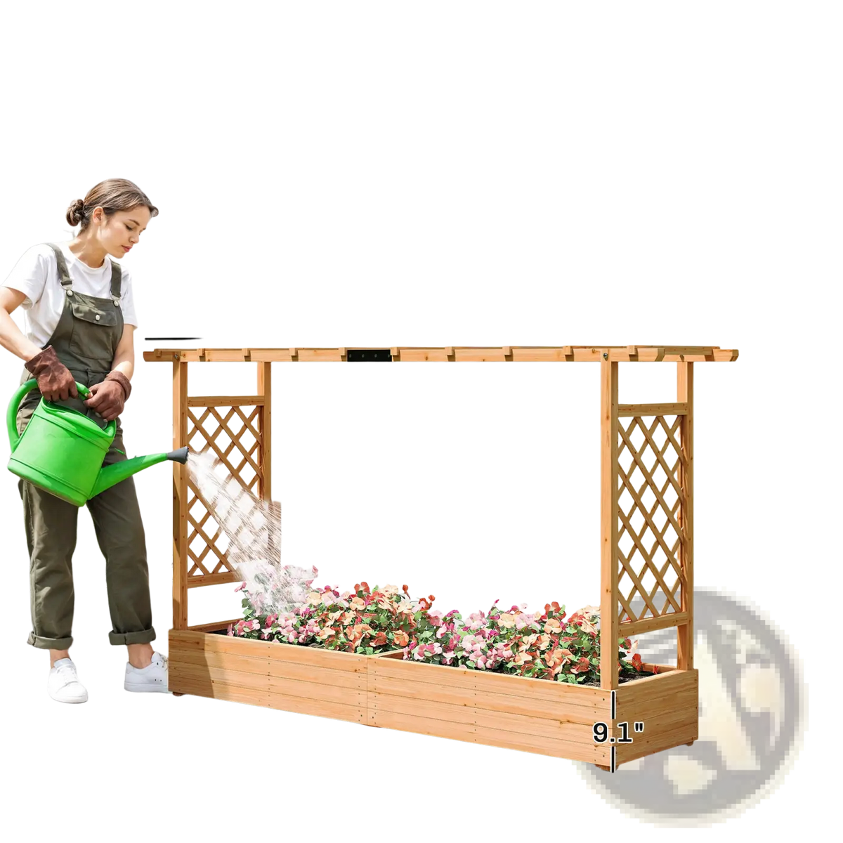 Wooden Planter Box with Trellis and Hanging Roof