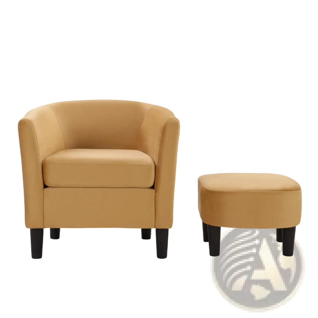Yellow Velvet Barrel Chair and Ottoman Set